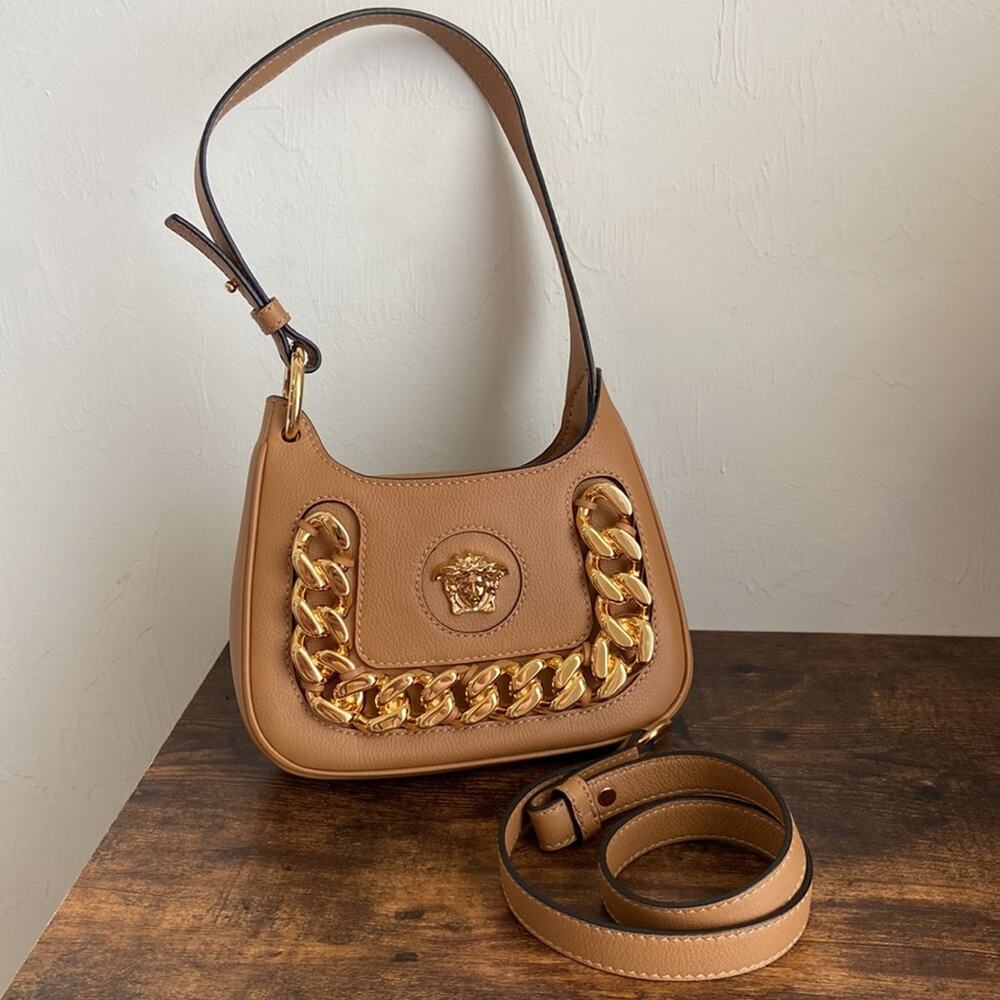 NWT MSRP$1,775 VERSACE Mini Medusa Hobo Tawny Brown Crossbody Bag Gold Chain - Picture 1 of 9